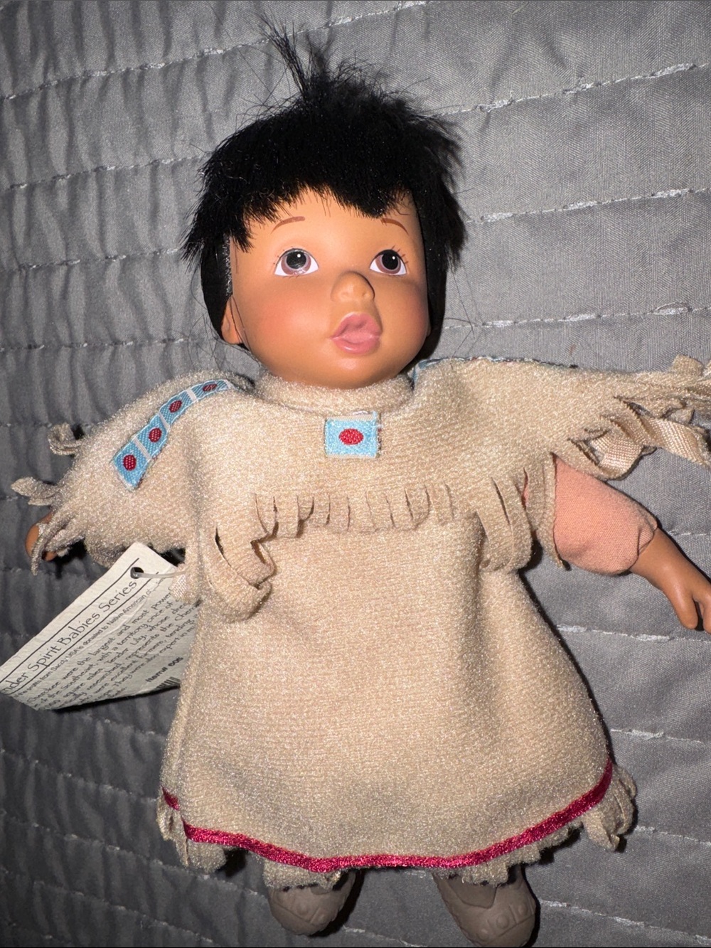 Vintage Native American Cherokee Baby Doll in Beige Fringe Poncho